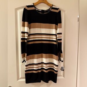 INC Striped Long Sleeve Dress - Black, White, and Brown